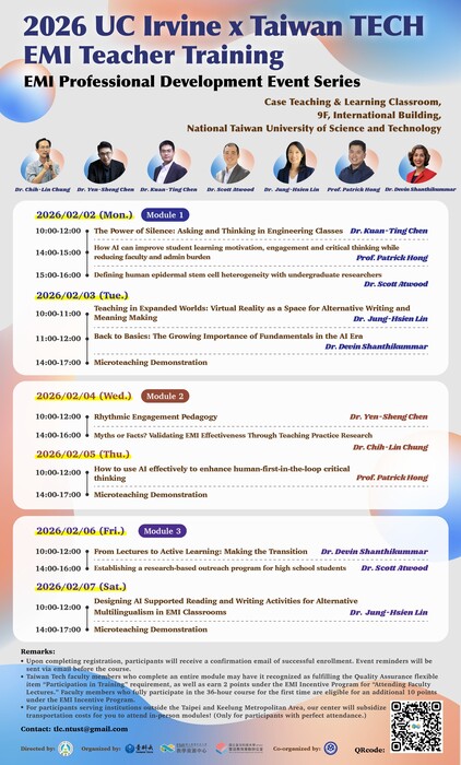 國立臺灣科技大學EMI教學資源中心辦理《EMI教師培訓》課程，惠請公告周知，並鼓勵所屬教師踴躍參加。圖片